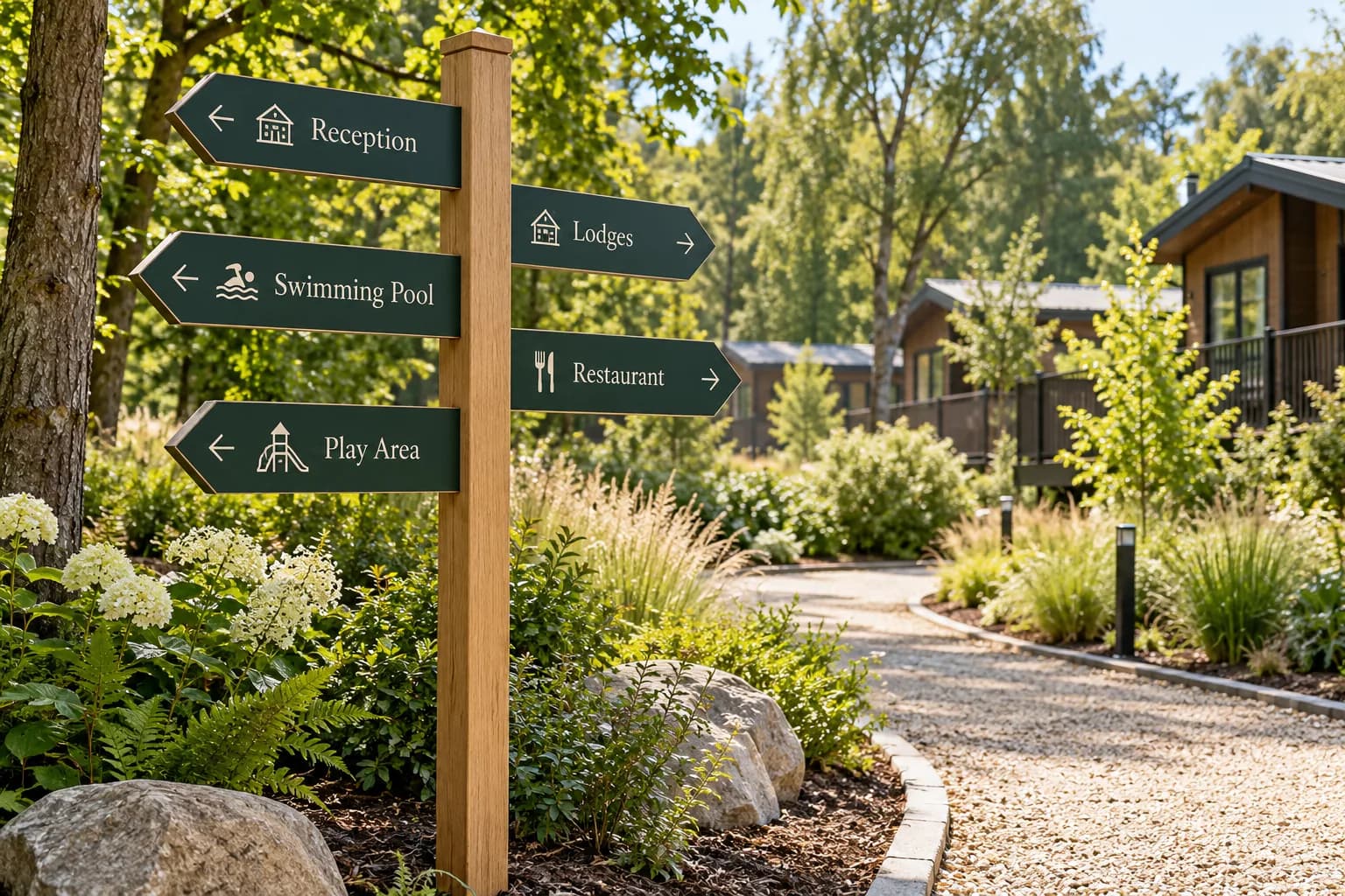 Post-mounted directional wayfinding signage at a holiday park, with destination names and arrows set in large white lettering